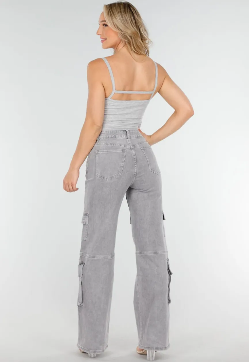 Grijze Cut-Out Top met Spaghetti Bandjes en Stretch