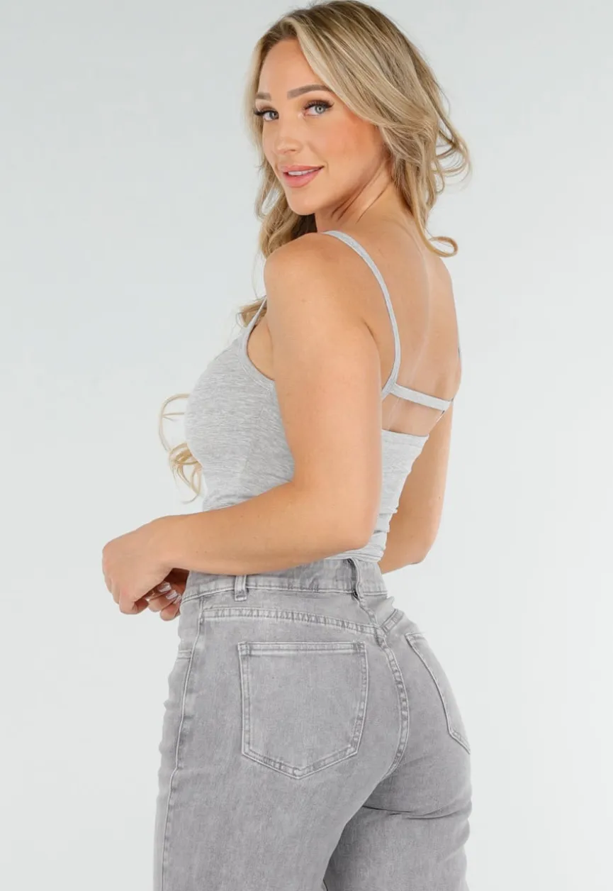 Grijze Cut-Out Top met Spaghetti Bandjes en Stretch