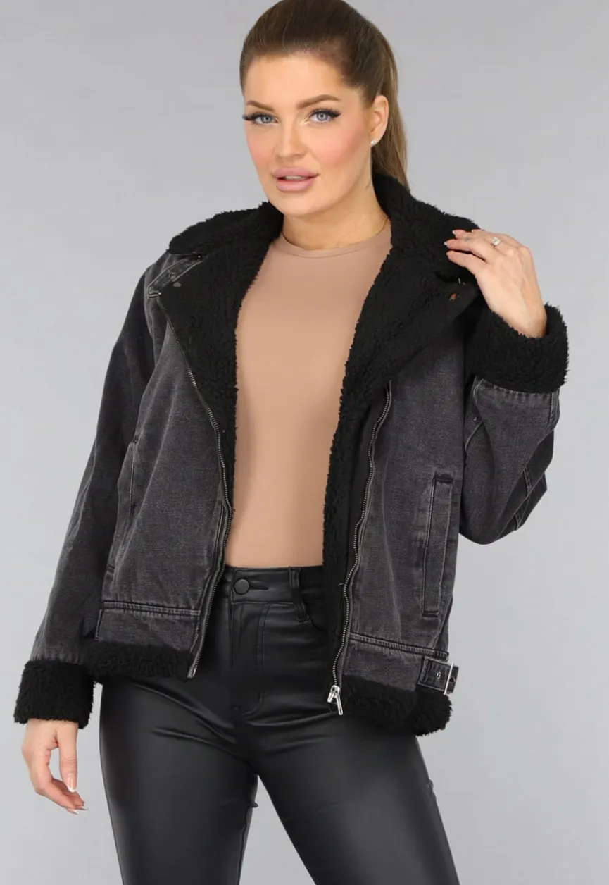 Grijze Denim Lammy Coat met Gesp Details