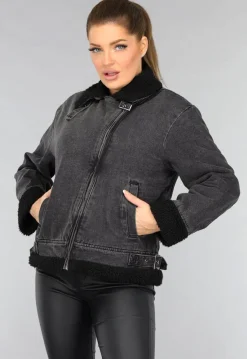 Grijze Denim Lammy Coat met Gesp Details