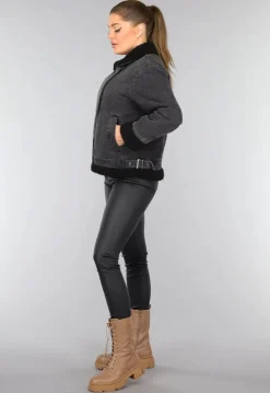 Grijze Denim Lammy Coat met Gesp Details