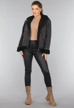 Grijze Denim Lammy Coat met Gesp Details