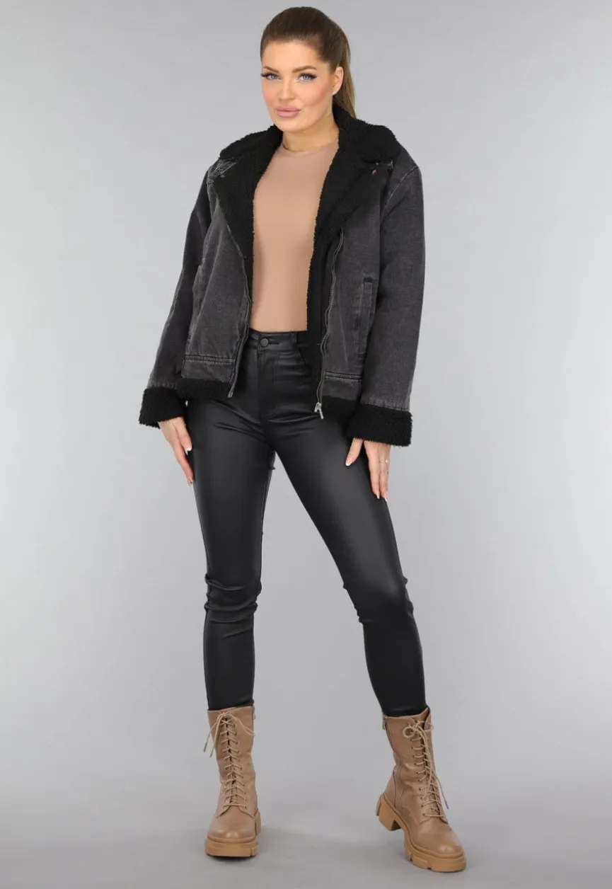 Grijze Denim Lammy Coat met Gesp Details