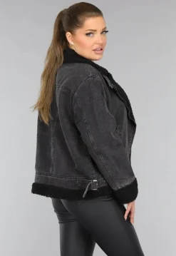 Grijze Denim Lammy Coat met Gesp Details