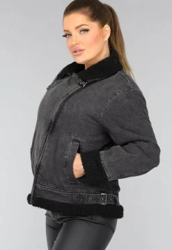 Grijze Denim Lammy Coat met Gesp Details