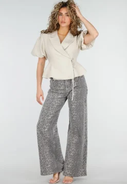 Grijze Denim Leopard Print Wide Leg Jeans met Stretch