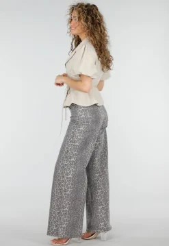 Grijze Denim Leopard Print Wide Leg Jeans met Stretch