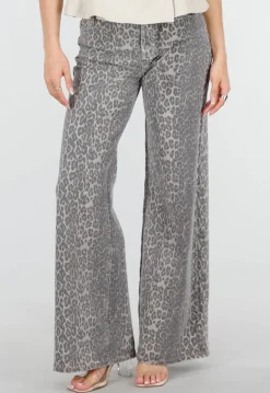 Grijze Denim Leopard Print Wide Leg Jeans met Stretch