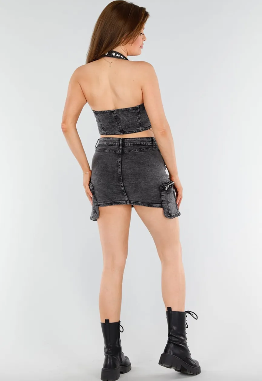 Grijze Denim 2-Piece met Haltertop en Cargo Minirok