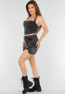 Grijze Denim 2-Piece met Haltertop en Cargo Minirok