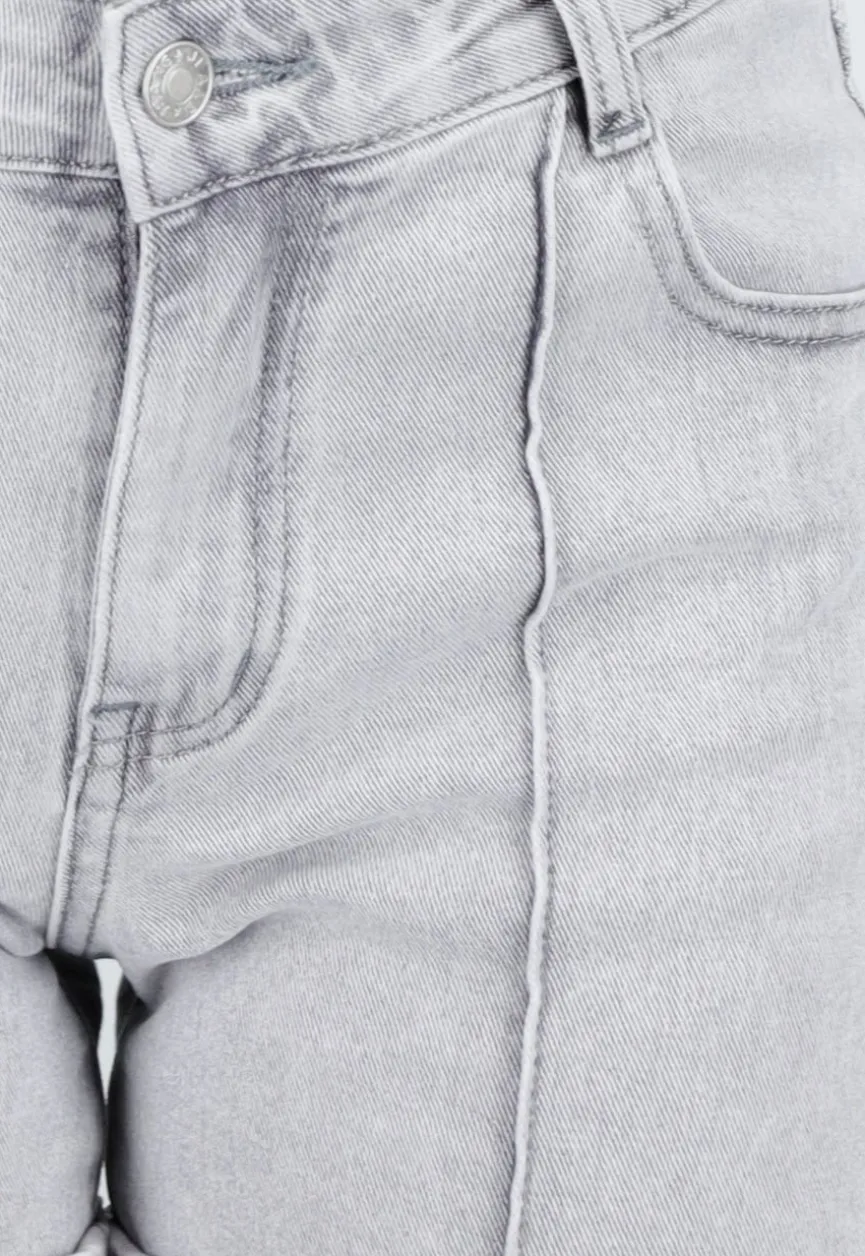Grijze Denim Shorts met Omgeslagen Zoom en High Waist