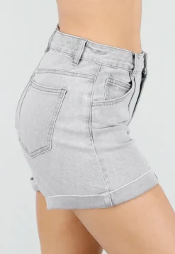 Grijze Denim Shorts met Omgeslagen Zoom en High Waist