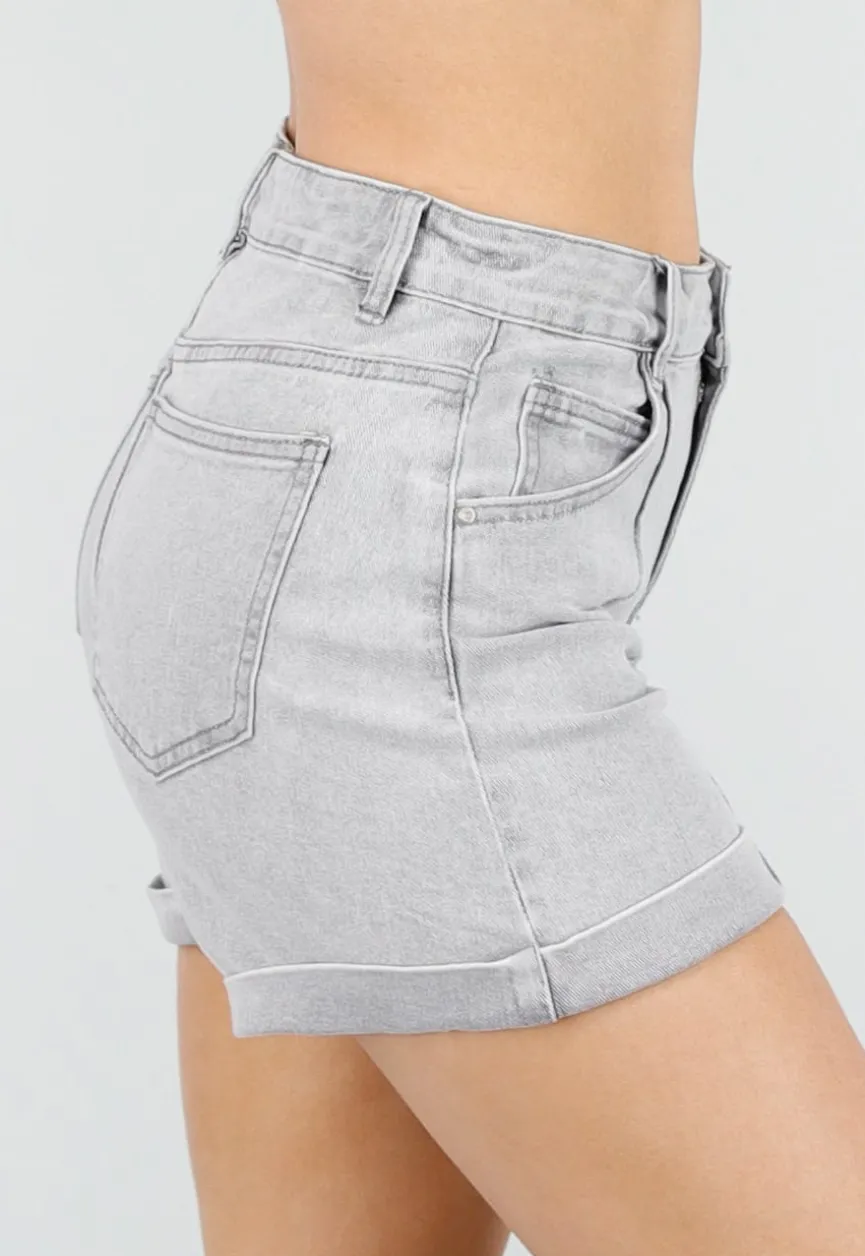 Grijze Denim Shorts met Omgeslagen Zoom en High Waist