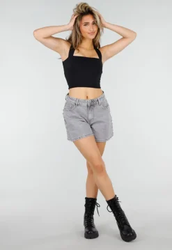 Grijze Denim Shorts met Studs en Rechte Pijpen