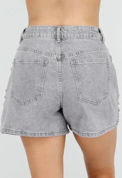 Grijze Denim Shorts met Studs en Rechte Pijpen