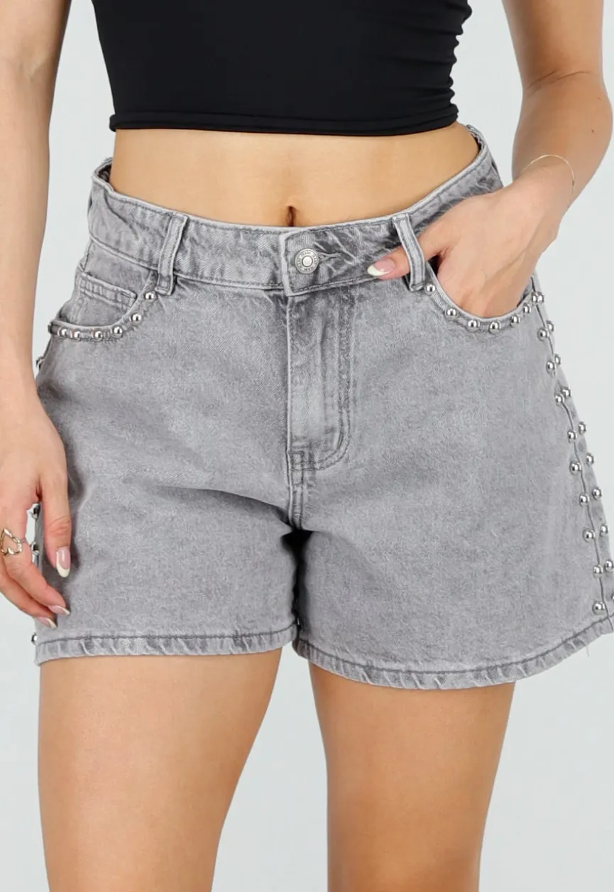 Grijze Denim Shorts met Studs en Rechte Pijpen