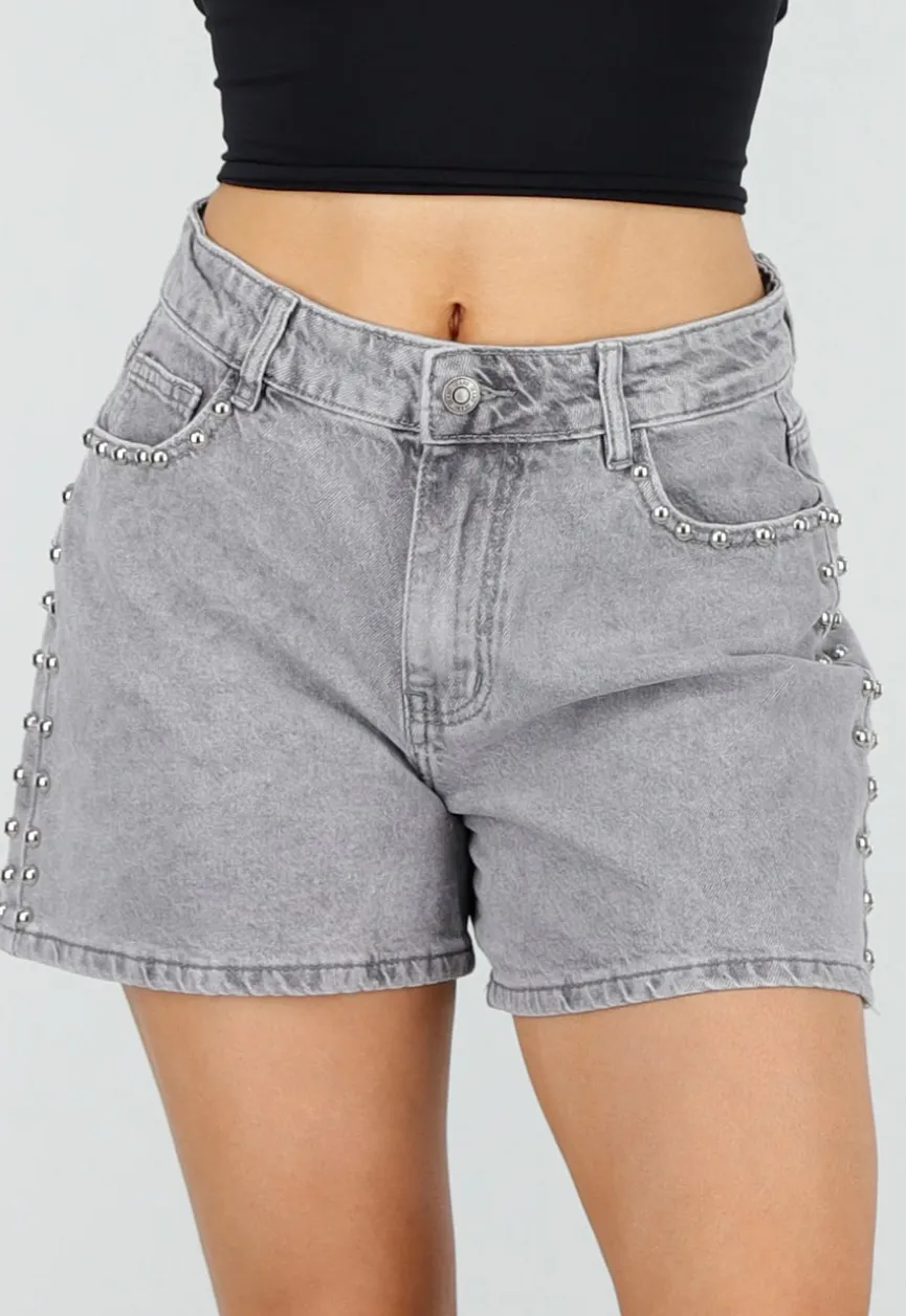 Grijze Denim Shorts met Studs en Rechte Pijpen