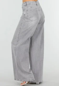 Grijze Extra Wide Leg Jeans met Hoge Taille en Rechte Pijpen