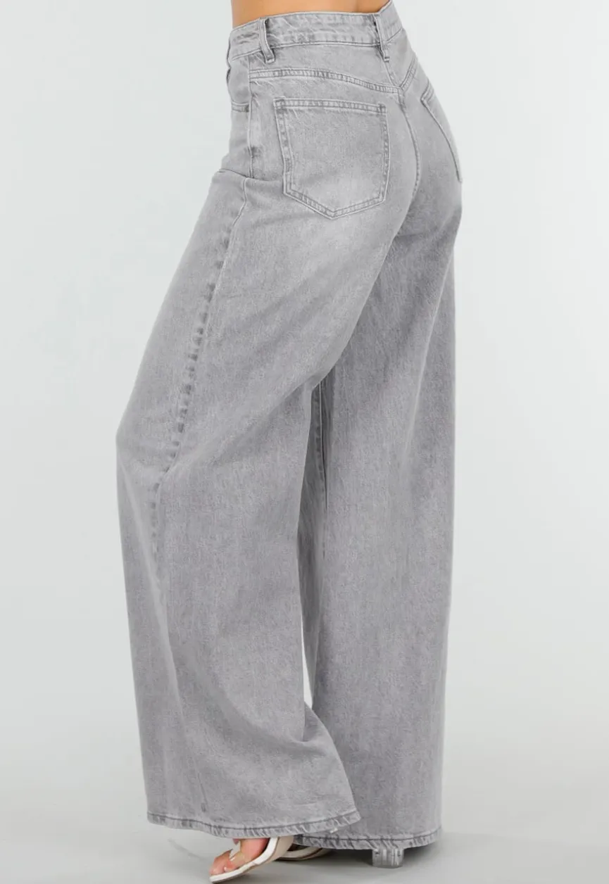 Grijze Extra Wide Leg Jeans met Hoge Taille en Rechte Pijpen