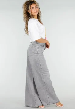 Grijze Extra Wide Leg Jeans met Hoge Taille en Rechte Pijpen