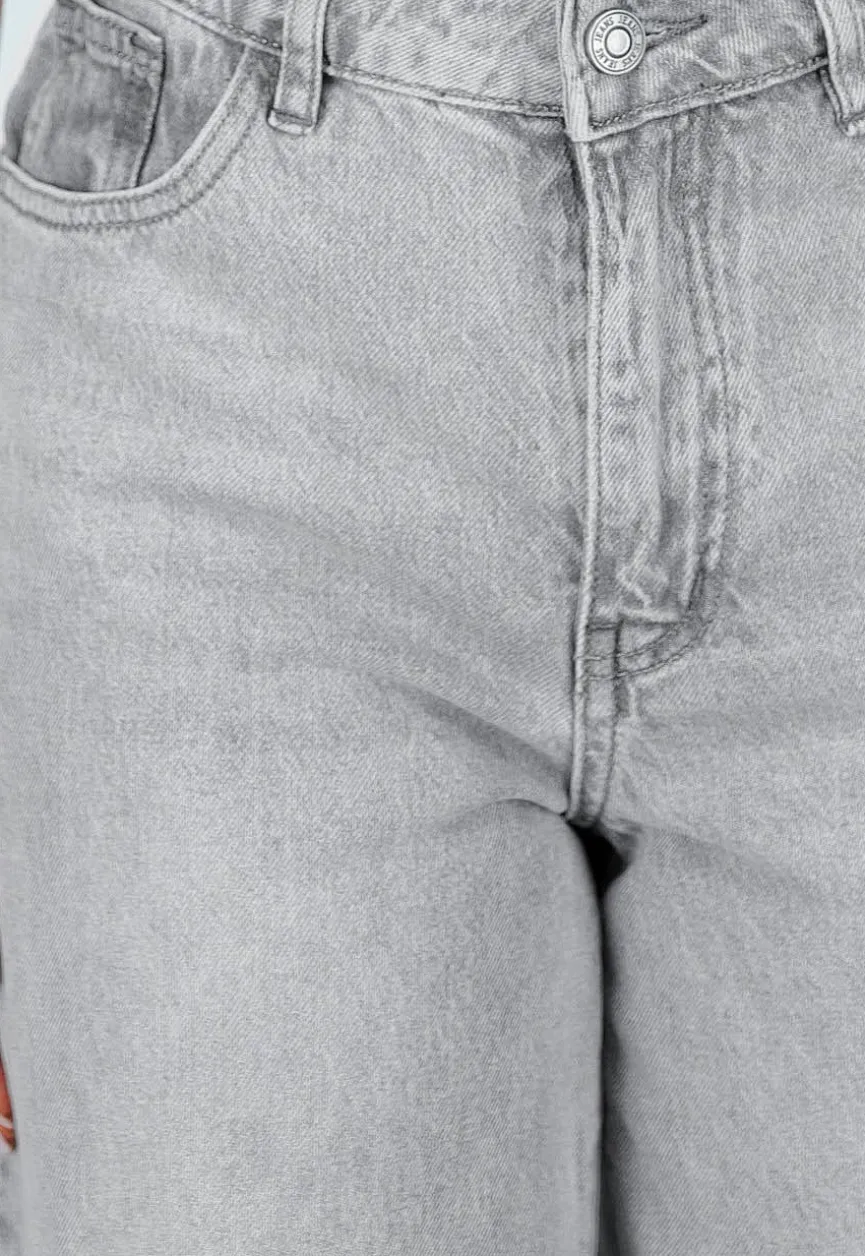Grijze Extra Wide Leg Jeans met Hoge Taille en Rechte Pijpen