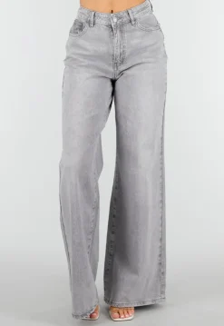 Grijze Extra Wide Leg Jeans met Hoge Taille en Rechte Pijpen