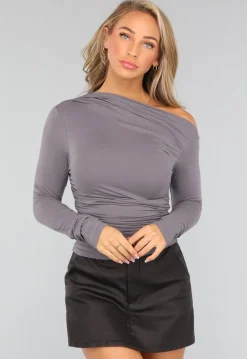 Grijze Geplooide One Shoulder Top