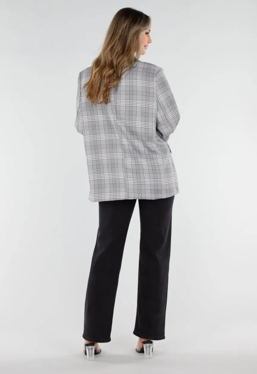Grijze Geruite Blazer met Lange Mouwen en Knopen