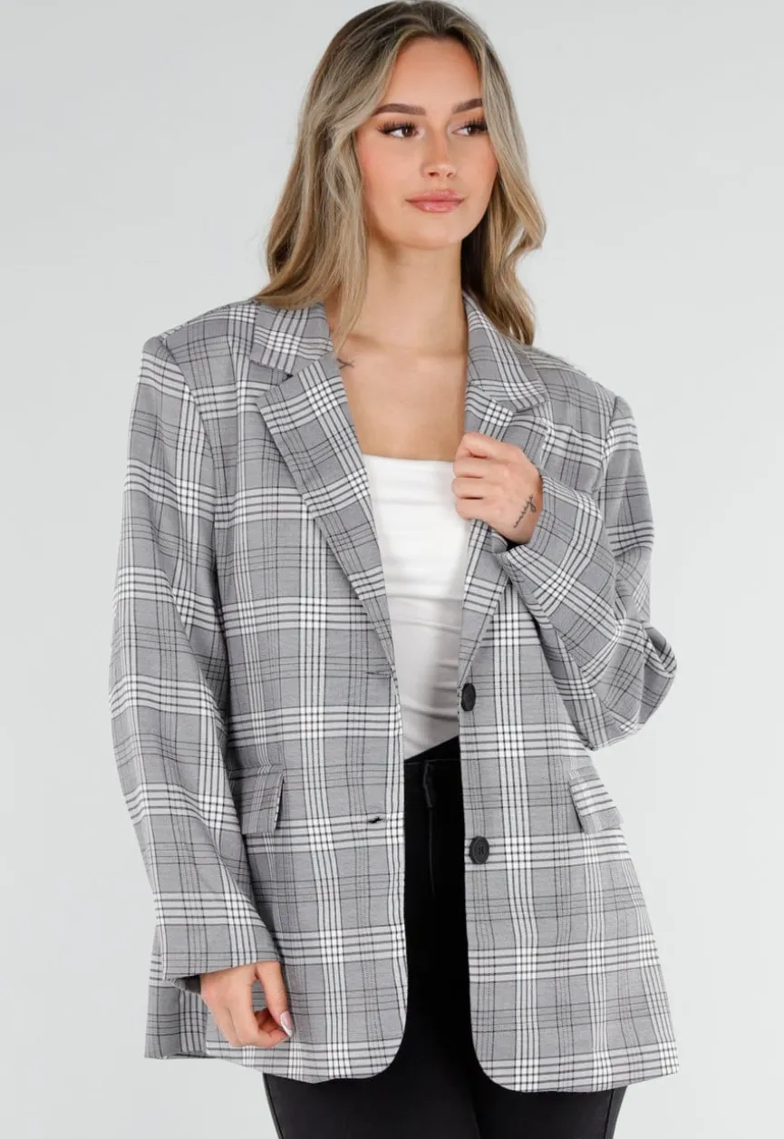 Grijze Geruite Blazer met Lange Mouwen en Knopen