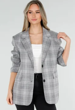 Grijze Geruite Blazer met Lange Mouwen en Knopen