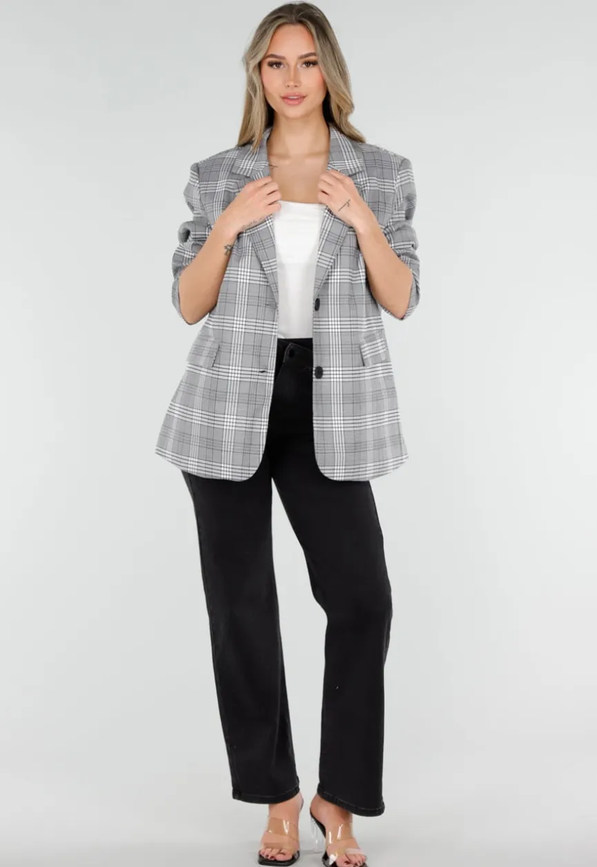 Grijze Geruite Blazer met Lange Mouwen en Knopen