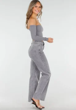 Grijze High Waist Straight Jeans met Licht Gewassen Look