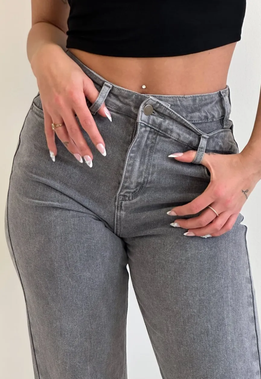 Grijze High Waist Straight Jeans met Licht Gewassen Look