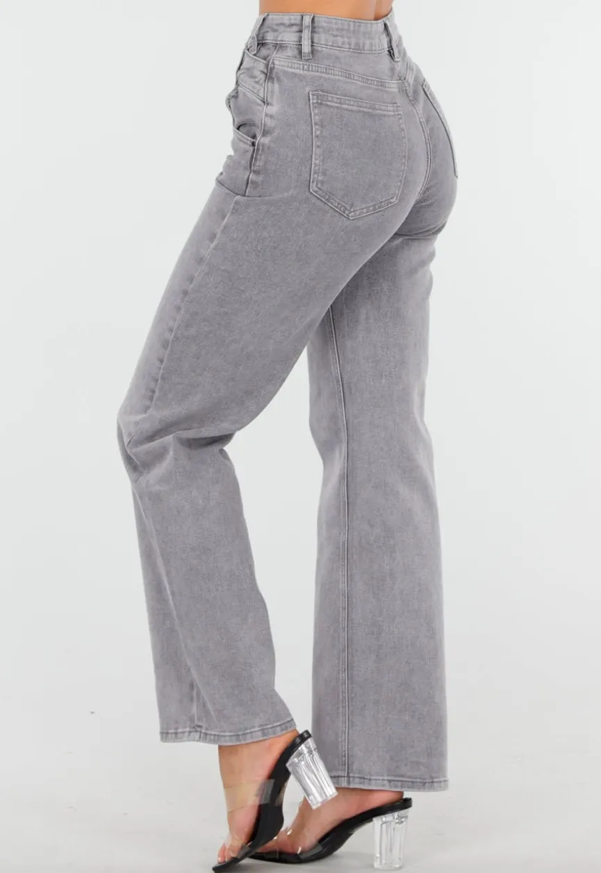 Grijze High Waist Straight Jeans met Licht Gewassen Look