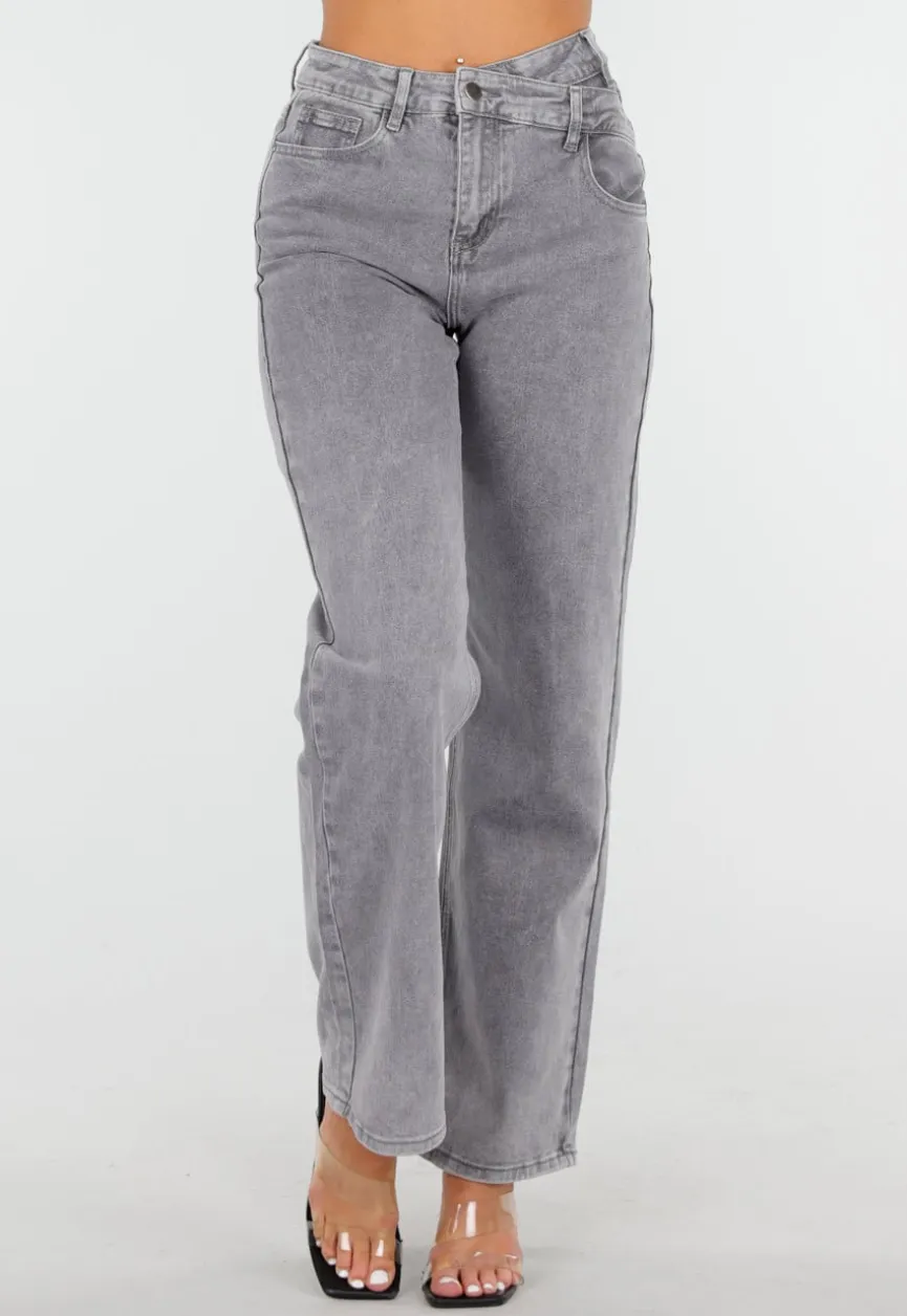 Grijze High Waist Straight Jeans met Licht Gewassen Look