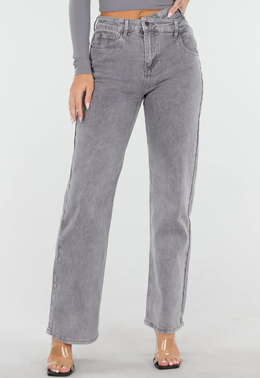 Grijze High Waist Straight Jeans met Licht Gewassen Look
