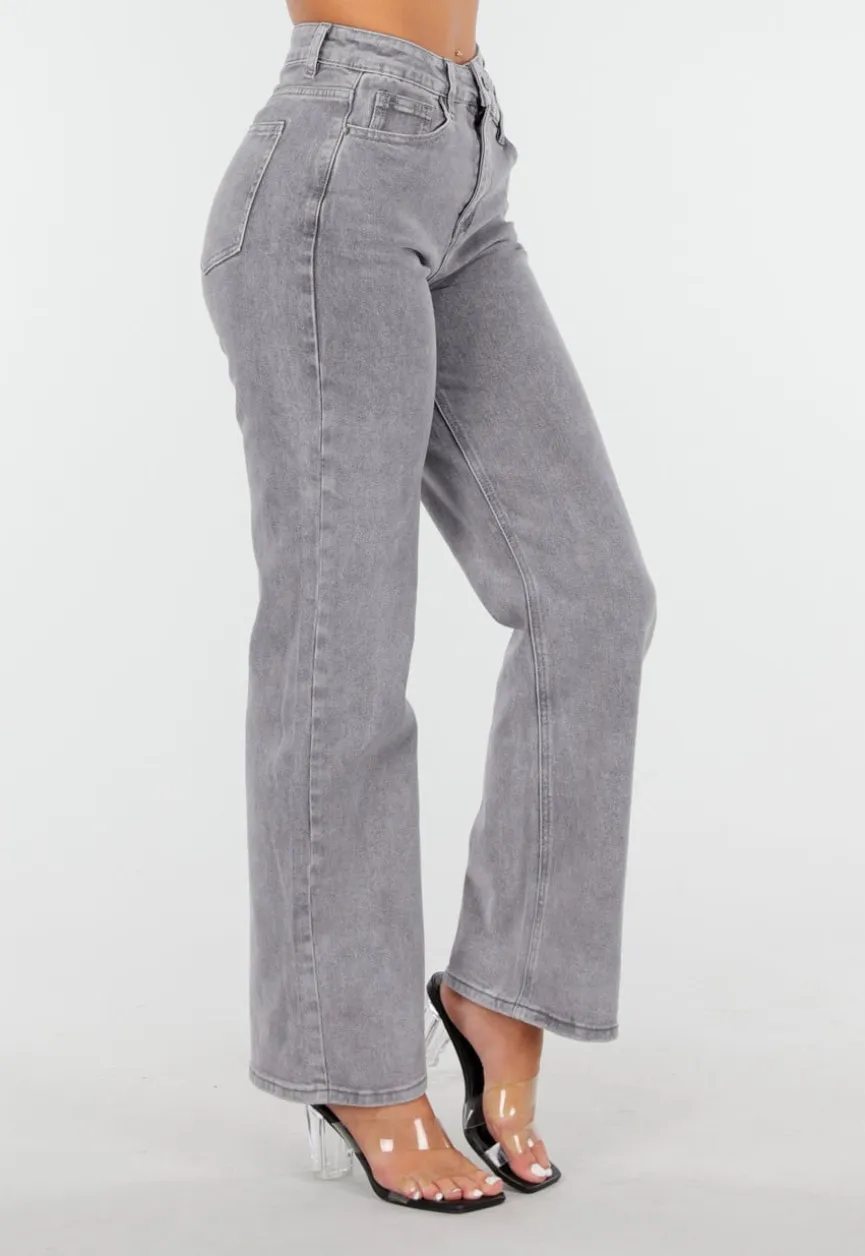 Grijze High Waist Straight Jeans met Licht Gewassen Look