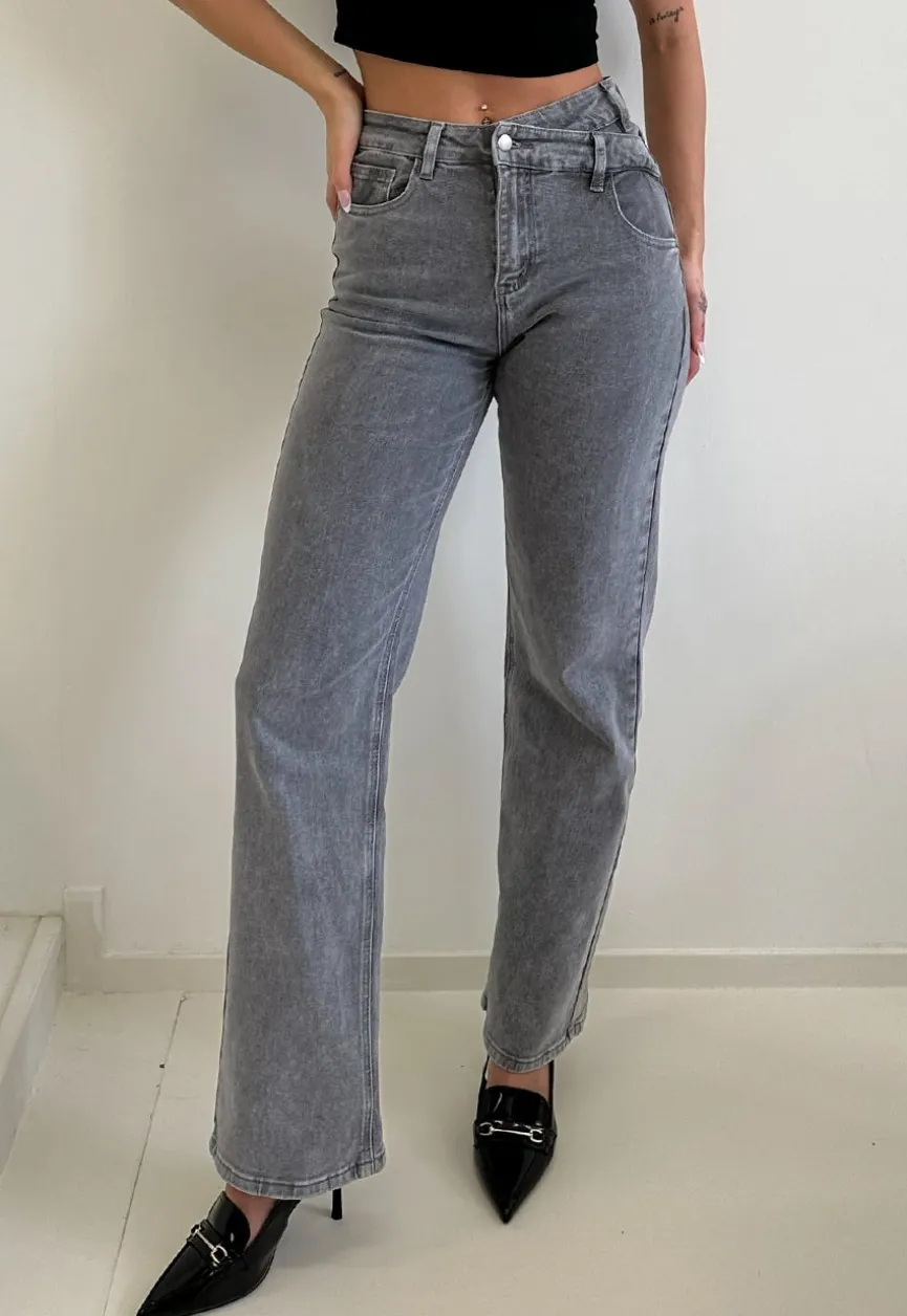 Grijze High Waist Straight Jeans met Licht Gewassen Look