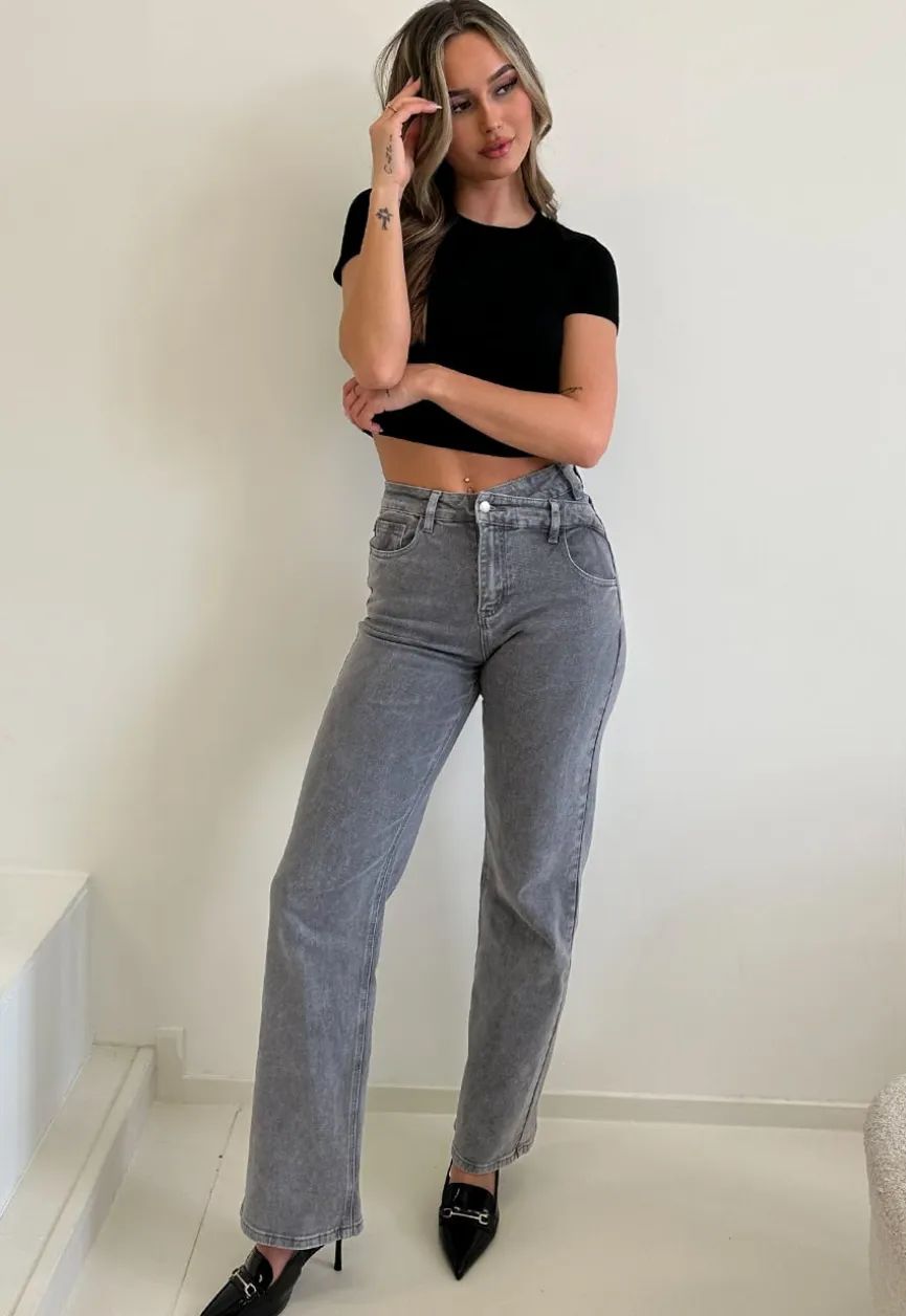 Grijze High Waist Straight Jeans met Licht Gewassen Look