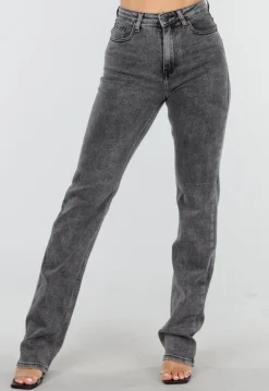 Grijze High Waist Straight Leg Stretch Jeans met Subtiele Wassing