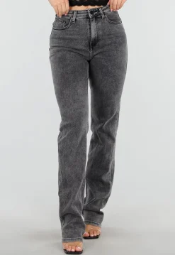 Grijze High Waist Straight Leg Stretch Jeans met Subtiele Wassing