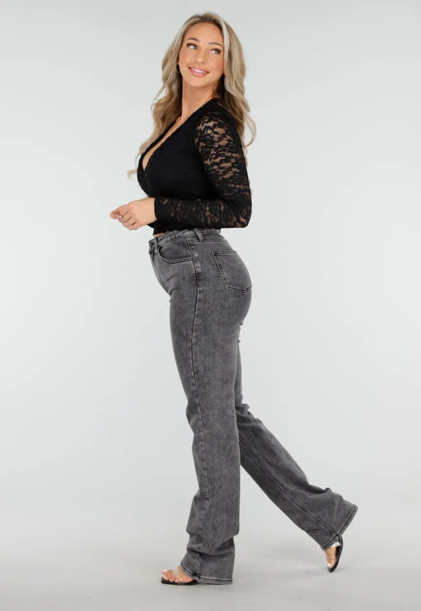 Grijze High Waist Straight Leg Stretch Jeans met Subtiele Wassing