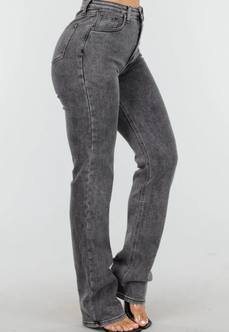 Grijze High Waist Straight Leg Stretch Jeans met Subtiele Wassing