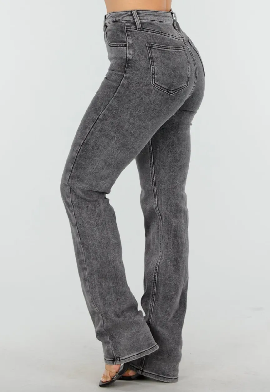 Grijze High Waist Straight Leg Stretch Jeans met Subtiele Wassing