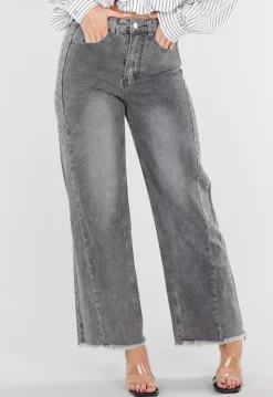Grijze High Waist Straight Leg Jeans met Rafelige Zoom