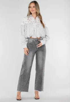 Grijze High Waist Straight Leg Jeans met Rafelige Zoom