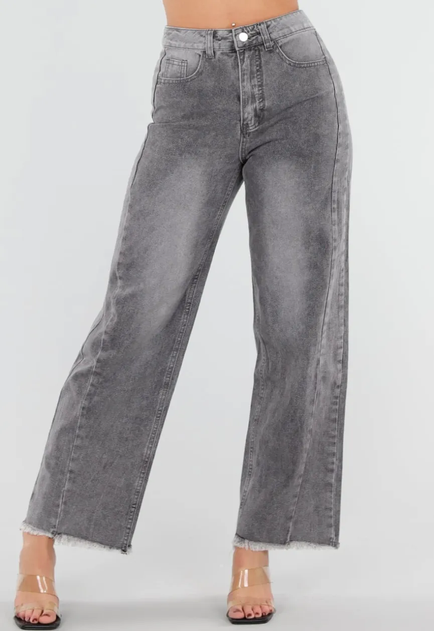Grijze High Waist Straight Leg Jeans met Rafelige Zoom