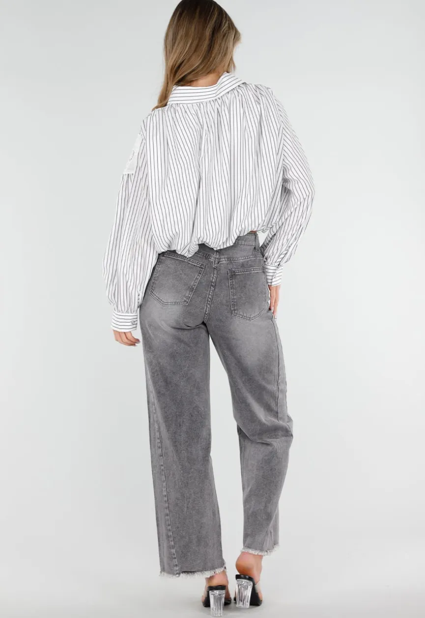 Grijze High Waist Straight Leg Jeans met Rafelige Zoom