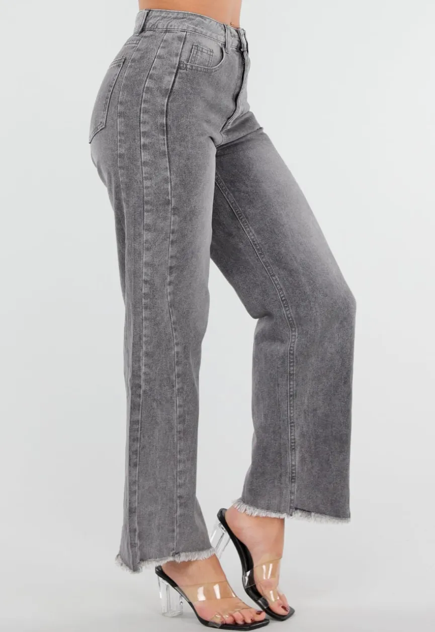 Grijze High Waist Straight Leg Jeans met Rafelige Zoom