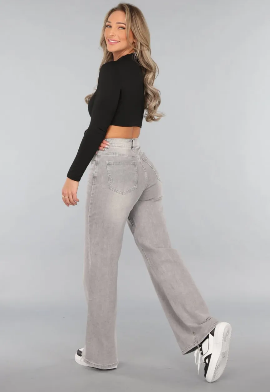 Grijze High Waist Wide Leg Jeans